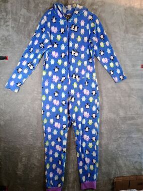 Pj Couture Blue Fleece Penguin Hooded One-Piece Pajama Size Small